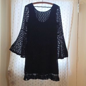 Love, Fire Black Lace Fringed Hem Dress with Long Belled Sleeves women's M